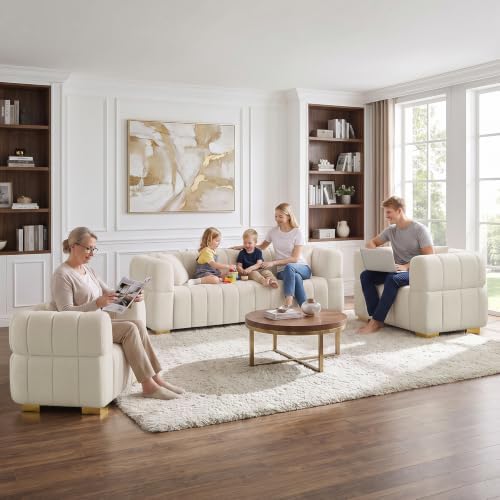 VANOMi Cloud Sofa and Chair Set, 3 Piece Modern Seating Furniture, Cream
