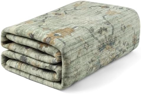 Washable Area Rug 8x10, Sage Green Gold Gray Vintage Rug for Living Room