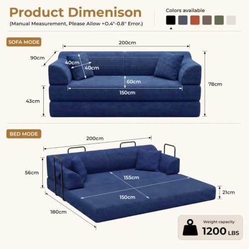 79" High‑Back Convertible Futon Sofa Bed, Boneless Couch for Living Room