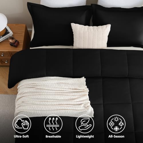 CozyLux Full Size Comforter Sets, 3-Piece Box-Stitched, Black