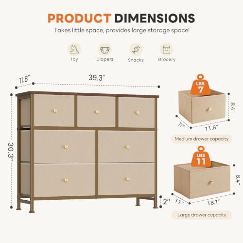 Sweetcrispy 7 Drawer Dresser for Bedroom Storage with Fabric Bins, Khaki