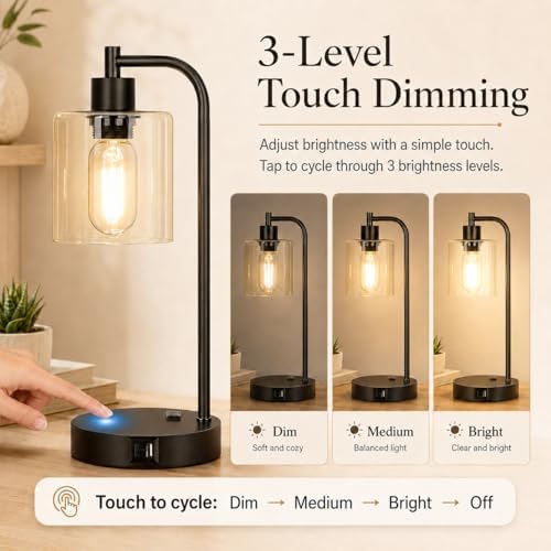 Set of 2 Industrial Touch Control Table Lamps with USB C+A Ports and AC Outle...