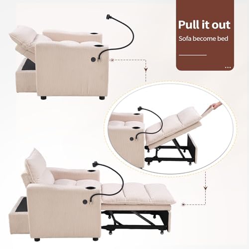 HAOMARKETS Corduroy Sleeper Sofa Bed with Cup Holders, 3-in-1 Convertible Pul...