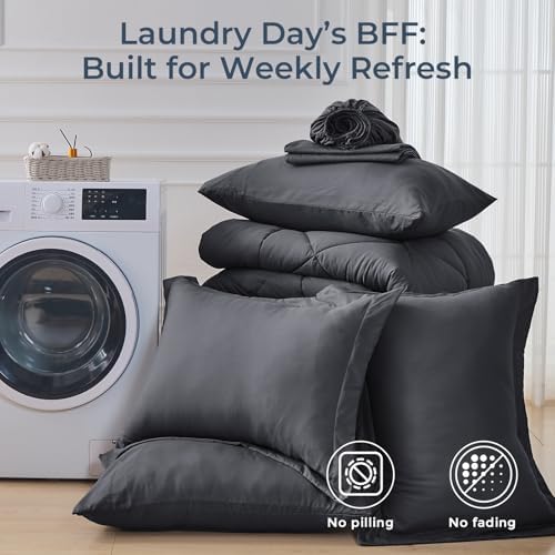 HEVUMYI 7-Piece Queen Comforter Set, Dark Grey Bed in a Bag