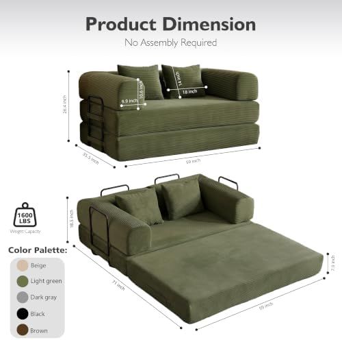 59in Boneless Couch Convertible Futon Sofa Bed Queen for Small Space