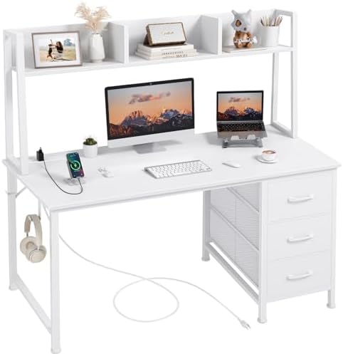 DLisiting White Computer Desk with Hutch & Drawers - 47 Inch Modern Study...