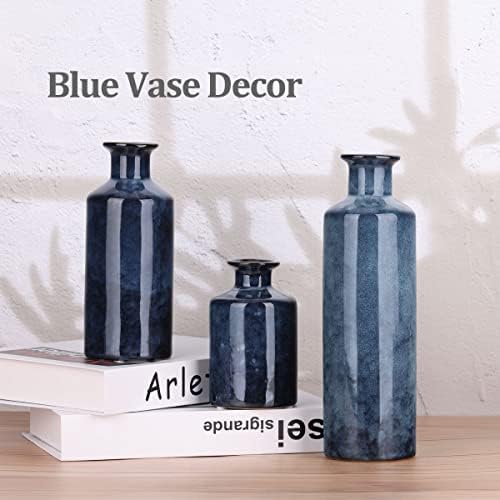 Blue Ceramic Vase Set - 3 Blue Small Vases, Farmhouse Country Flower Vase Hom...