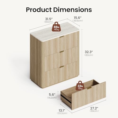ModernMate 3 Drawer Dresser with Curved Profile & Faux Travertine Texture...