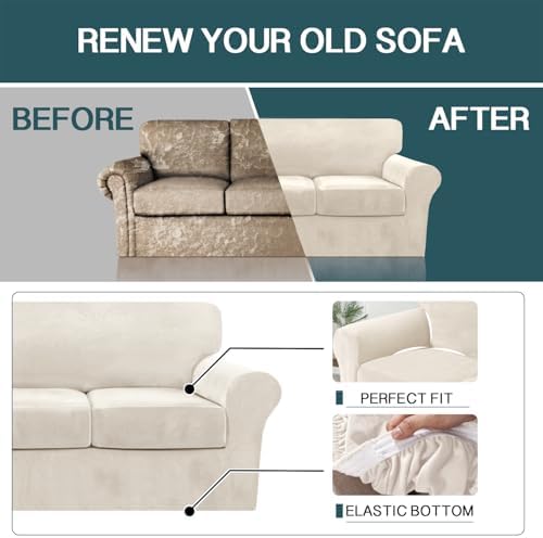 FantasDecor 4 Piece Sofa Velvet Couch Covers for 3 Cushion Stretch Slipcover ...