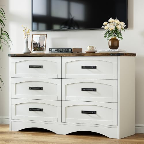 Decofy 47" Farmhouse 6-Drawer Dresser for Bedroom, Pure White + Walnut