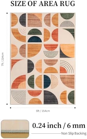 YIHOUSE Boho Washable 5x7 Area Rugs for Living Room, Mid-Century Modern Rug f...