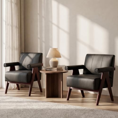 JIASTING Mid Century Modern Accent Chair Set of 2, Black Leather Armchair