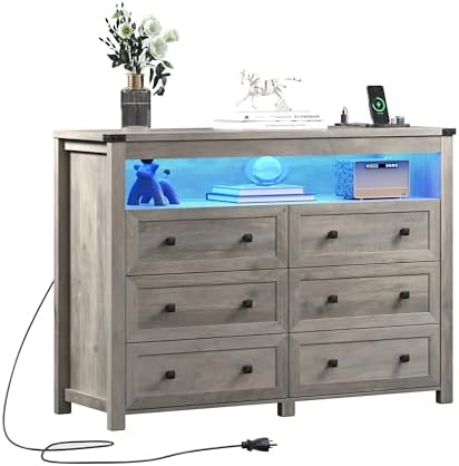 Wodeer Grey Dresser 6 Drawer Dressers for Bedroom with LED Lights, Charging S...