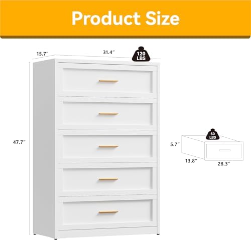 YAUWOH 5 Drawer Metal Dresser, Heavy Duty Steel Storage Dresser with Smooth G...