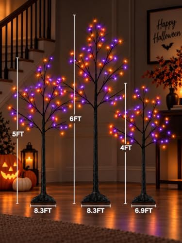 Black Halloween Tree with Purple and Orange Lights, 3Pack 4/5/6FT 300LED