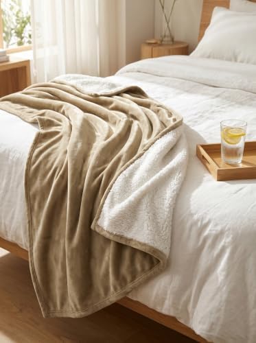 Utopia Bedding Reversible Plush Sherpa Blanket Queen Size Camel, 90x90 Inch