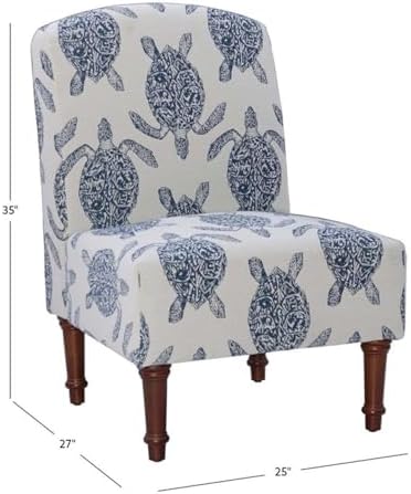 Linon Hawksbill Upholstered Turtle Print Armless Accent Chair in Blue & C...