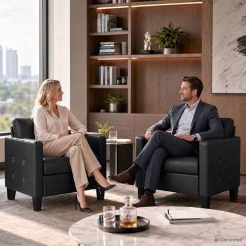 STHOUYN Black Comfy Accent Chair, Faux Leather Living Room Chair
