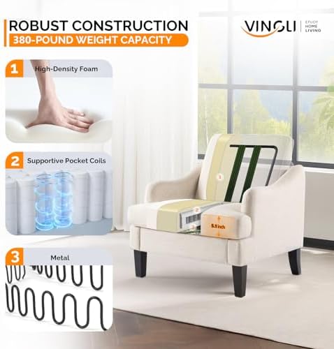 VINGLI Linen Fabric Accent Chair Beige, Modern Upholstered Armchair, Comfy So...