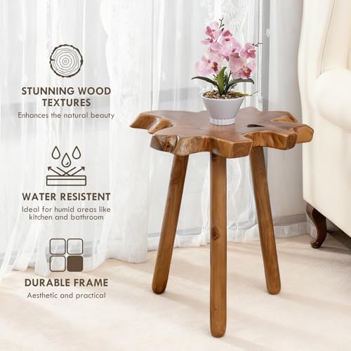 Natural Teak Wood Live Edge Side Table with Wood Legs – Rustic Side Table for...