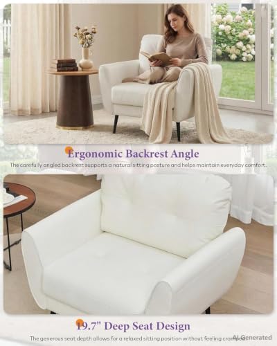 White Faux Leather Accent Chairs Set of 2, Tufted Armchairs for Living Room