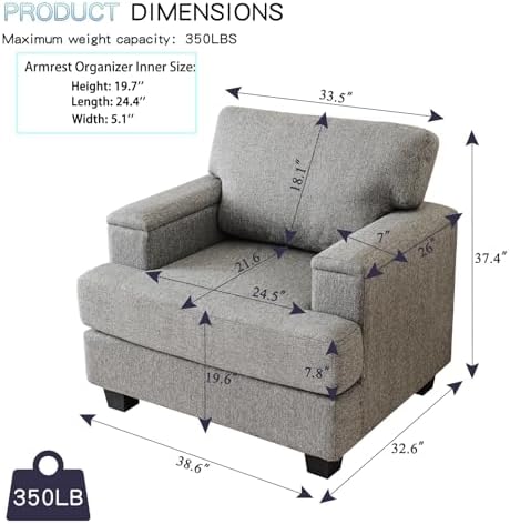 Rexulqo Oversized Accent Chair with Armrest Organizer,Chenille,Dark Gray
