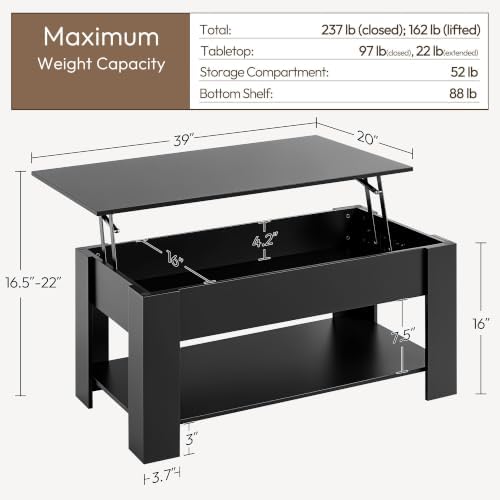 Yaheetech Black Lift Top Coffee Table with Storage for Living Room, 38.6"