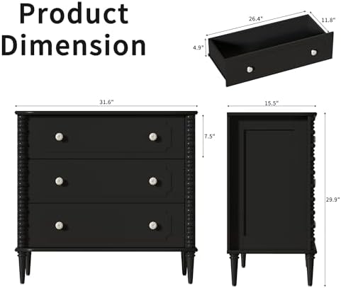 3 Drawer Dresser for Bedroom, 32" Wide Chest of Drawers, Black