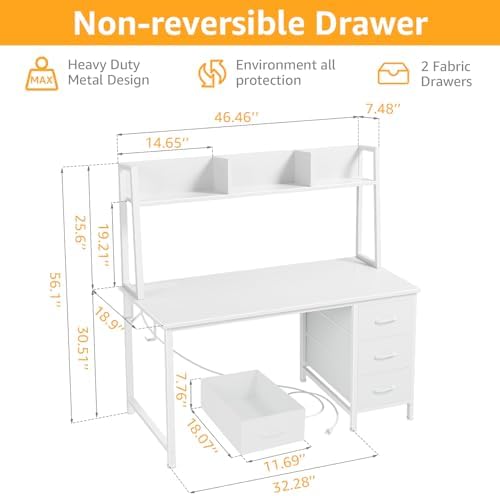 DLisiting White Computer Desk with Hutch & Drawers - 47 Inch Modern Study...