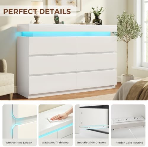 6 Drawer Dresser with LED Lights and Charging Station, Modern White Dresser