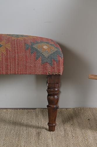 Acacia Wood Kilim Jute Fabric Upholstered Bench | Multi-Purpose Wooden Ottoma...