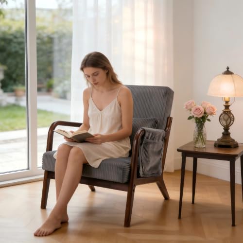 Mid Century Modern Accent Chair with Pocket, Solid Wood Armchair, Dark Gray