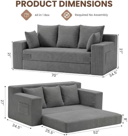 JUIKURY Boneless Couch 70 inch: 3-in-1 Convertible Sofa Bed Futon Couch Bed, ...
