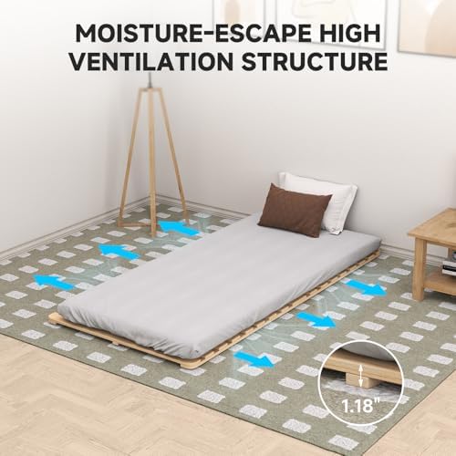 Twin Size Foldable Floor Bed Frame, Solid Wood Slat Base for Futon Mattress
