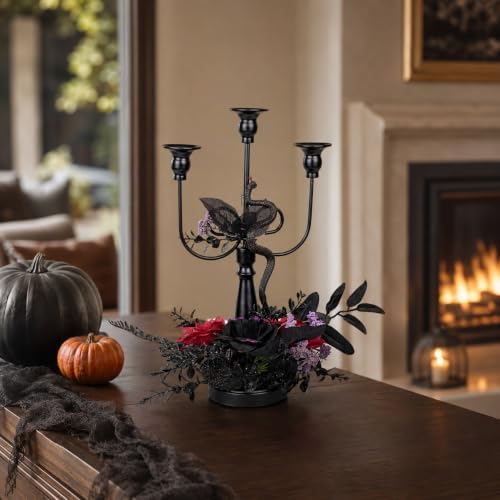 Halloween Candle Holder, 3 Arms Metal Candelabra, Black Candlestick Holder, G...