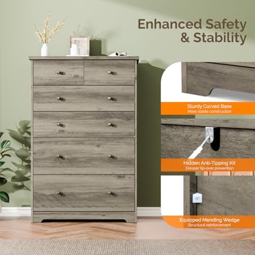 VINGLI Tall Dresser, Rustic Grey Dresser 6 Drawer Chest of Drawers, Wood Gray...