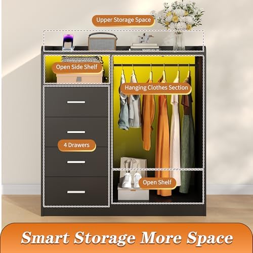 Garvee Dresser with Hanging Rack for Bedroom, 4 Drawer Dresser with LED Light...