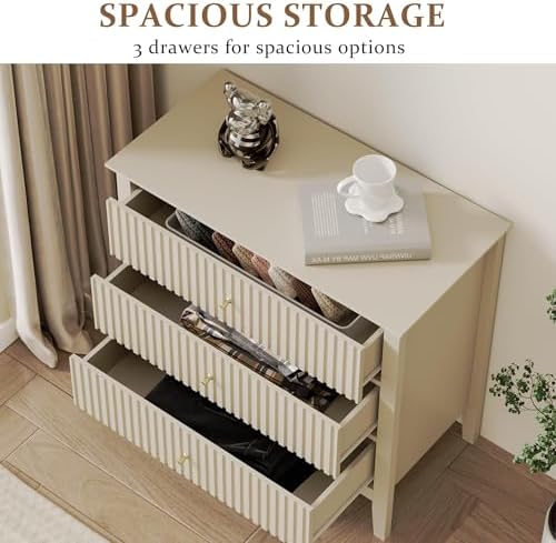 RoyalCraft Fluted 3 Drawer Dresser, 32" Wide Nightstand for Bedroom, Beige