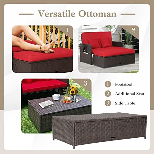 LDAILY Moccha Outdoor Daybed, Wicker Loveseat Sofa Set with 4-Postion Adjusta...