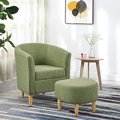 DAZONE Mid Century Modern Accent Chair with Ottoman Barrel Armchair Green