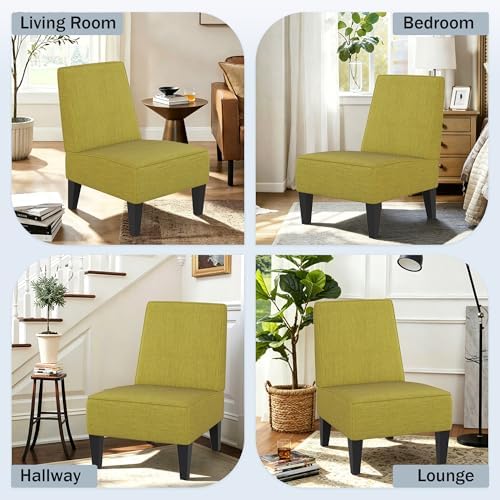 Armless Accent Chairs Set of 2, Green Upholstered Linen Slipper Chair with So...
