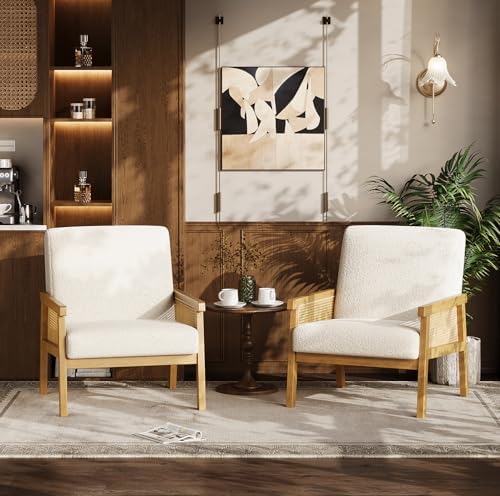 IDEALHOUSE Rattan Accent Chair with Wooden Frame and High Back, White