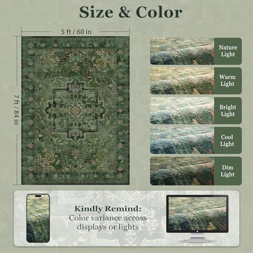 Vintage Dark Green Area Rugs 5x7 for Living Room, Tranditional Distressed Med...
