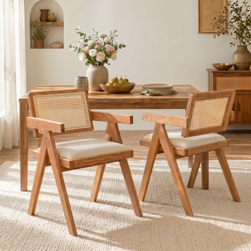 Giantex Rattan Dining Chairs Set of 2, Fabric Kitchen Chairs w/Armrests &...