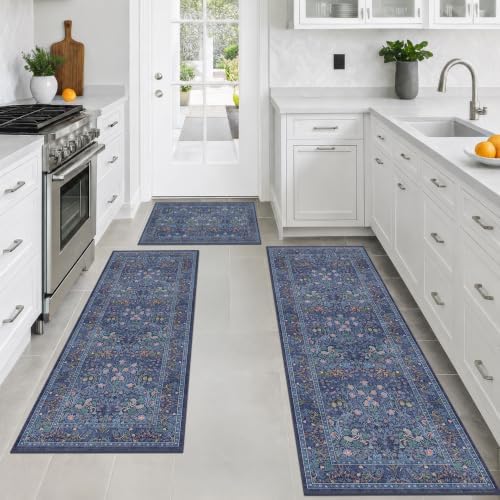 JTJ Kitchen Rugs Set of 3, Blue Vintage Kitchen Mats, Washable Runner