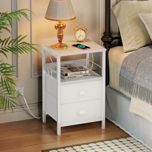 Furologee End Table with Charging Station, Nightstand with Fabric Drawers, Si...
