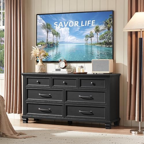SAVOR LIFE Farmhouse 7 Drawer Dresser for Bedroom, Black