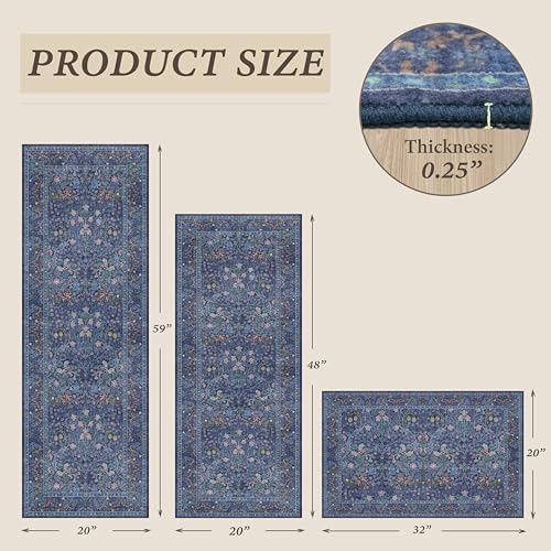 JTJ Kitchen Rugs Set of 3, Blue Vintage Kitchen Mats, Washable Runner