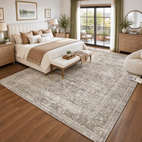 FMFUNCTEX 9x12 Washable Taupe Vintage Distressed Area Rug for Living Room