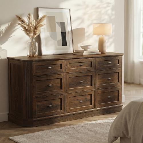 Farmhouse 9 Drawers Walnut Dresser for Bedroom, 63.07" Wide Chest of Dra...